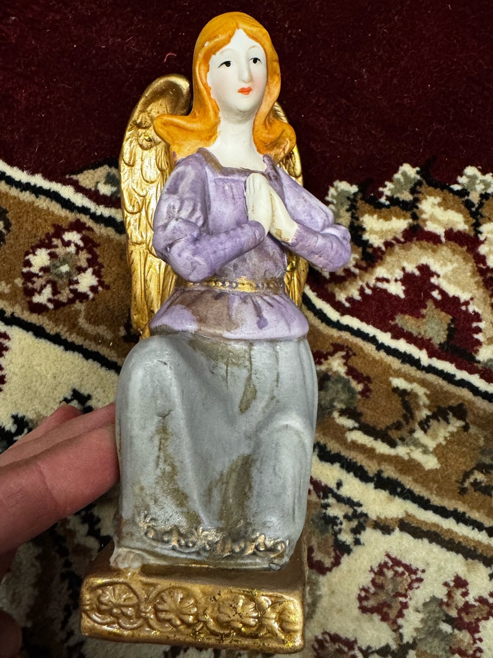 Hand-Painted Purple Angel Figurine with Gold Wings - Decorative Home Accent